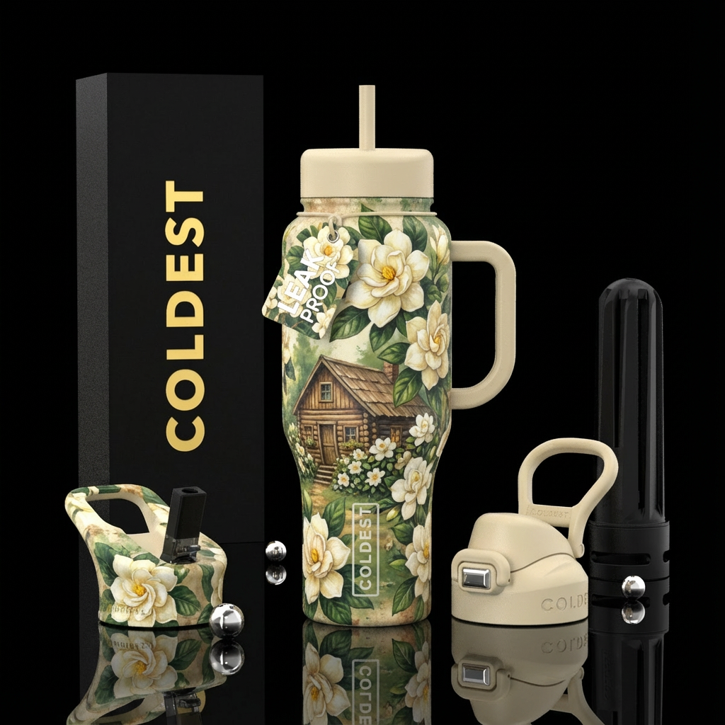 Gardenia flowers,, vibrant, beautiul,, rustic, cab... water bottle design