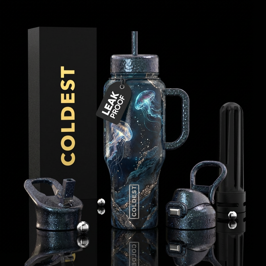 Deep dark ocean,jellyfish creature,, sparkly, allo... water bottle design