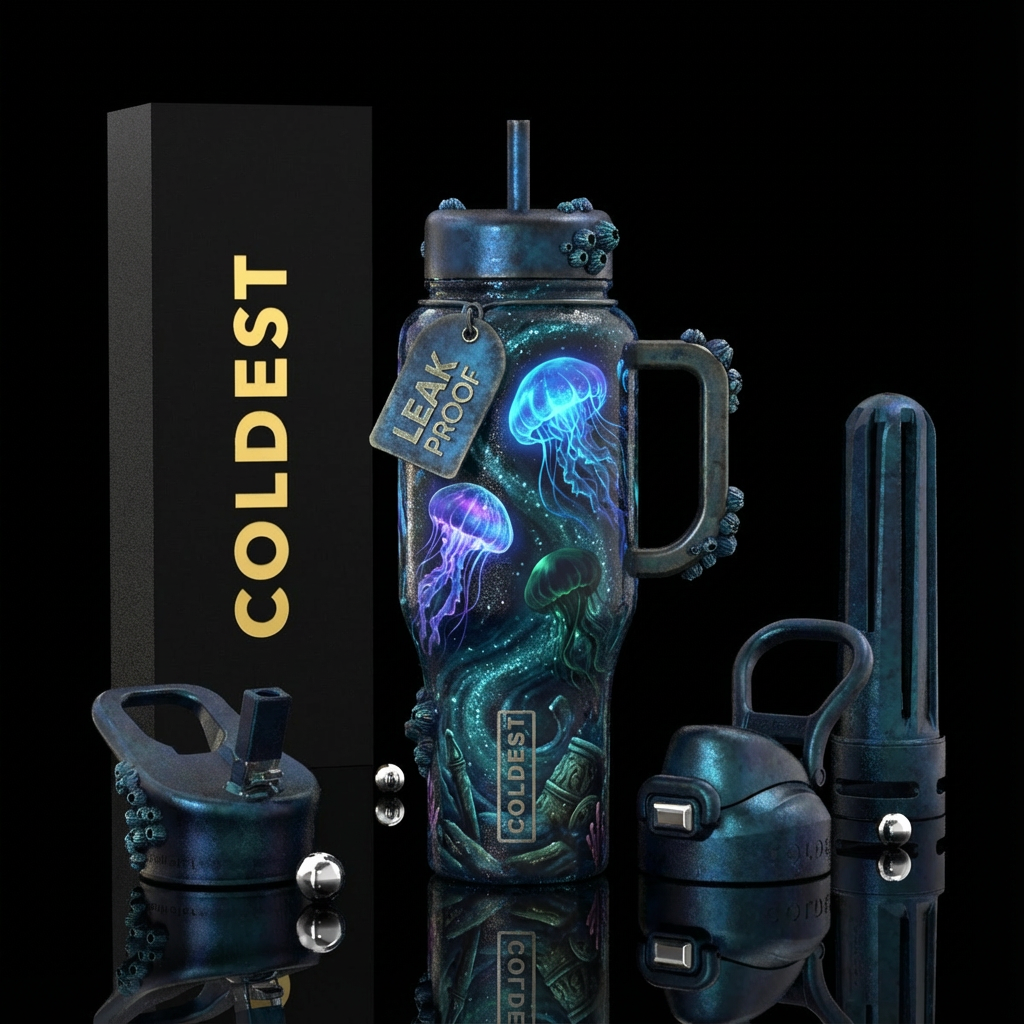 Deep dark ocean,jellyfish creature,, sparkly, allo... water bottle design