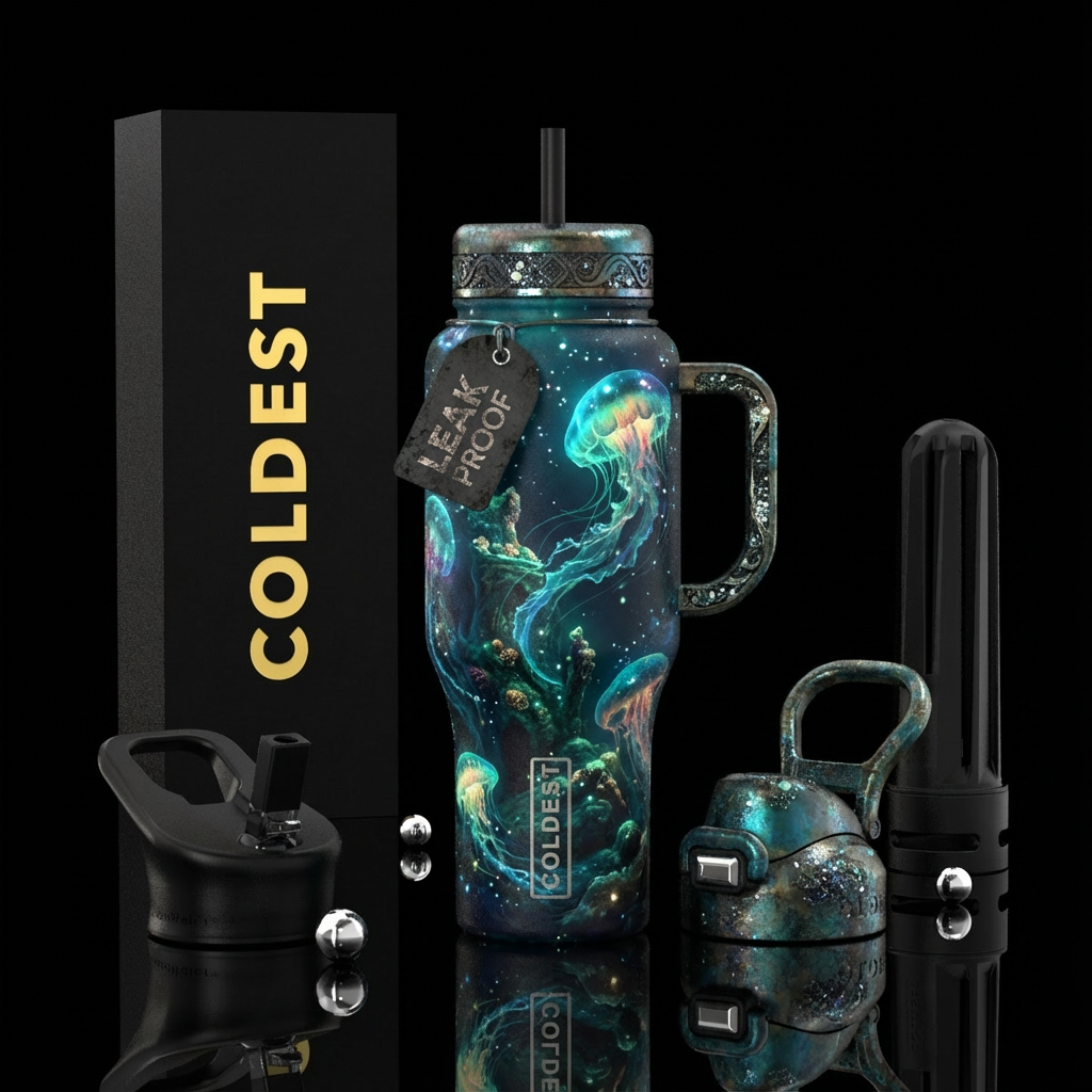Deep dark ocean,jellyfish creature,, sparkly, allo... water bottle design