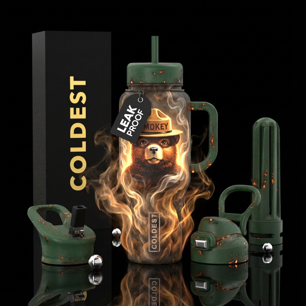 Smokey the bear,, old, realism, glowie, rustic, ru... water bottle design