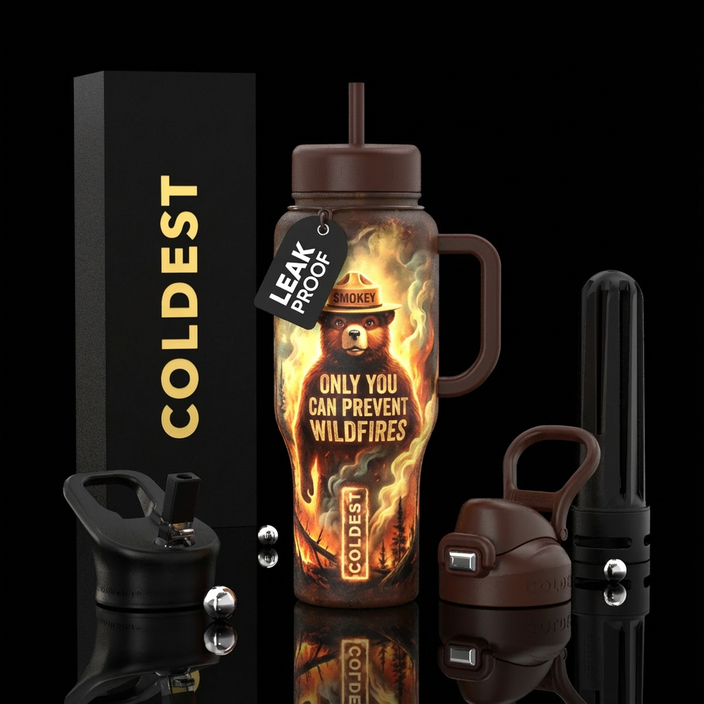 Smokey the bear,, old, realism, glowie, rustic, ru... water bottle design