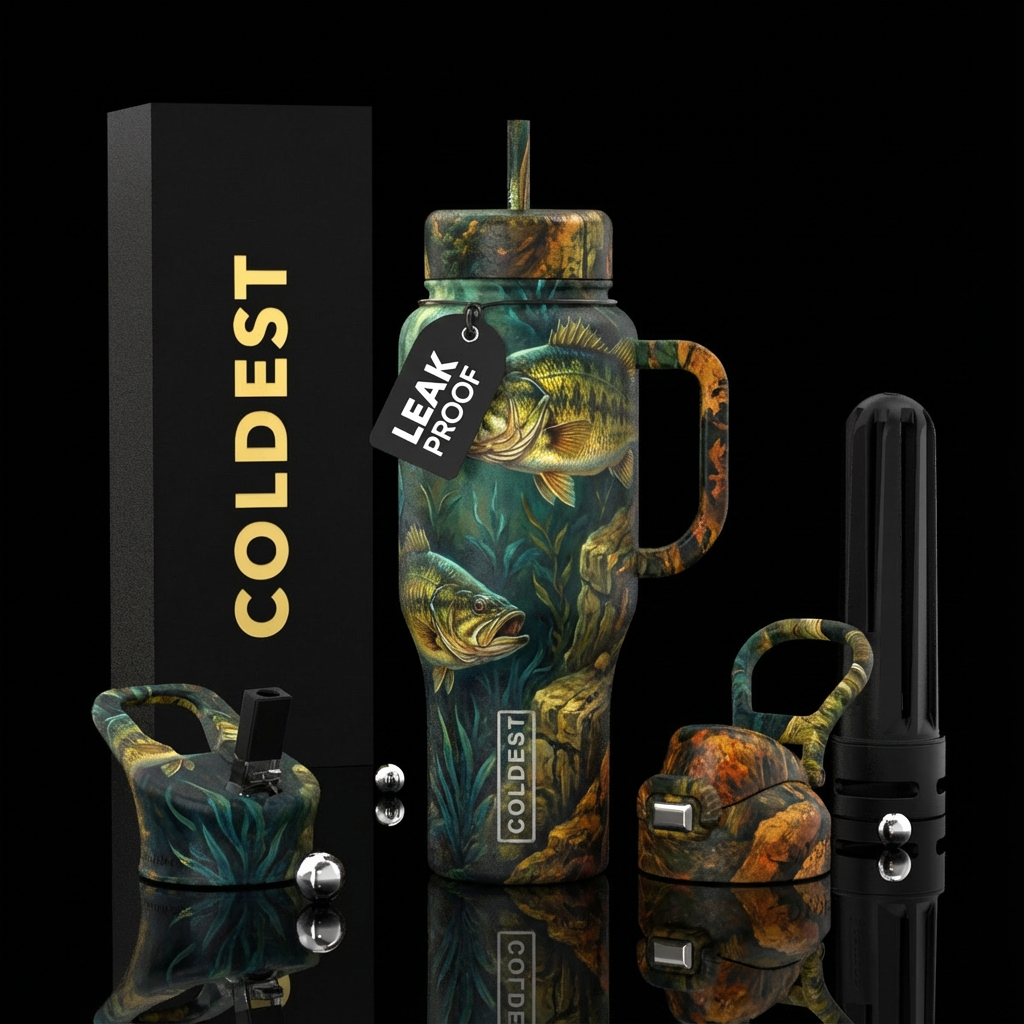 Depths of a lake, bass fish, learking,, vibrant, r... water bottle design
