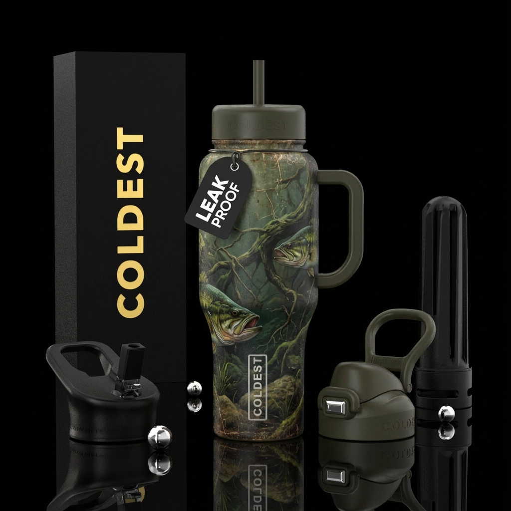 Depths of a lake, bass fish, learking,, vibrant, r... water bottle design