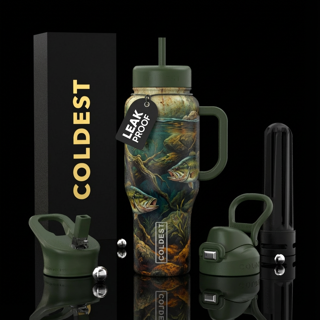 Depths of a lake, bass fish, learking,, vibrant, r... water bottle design