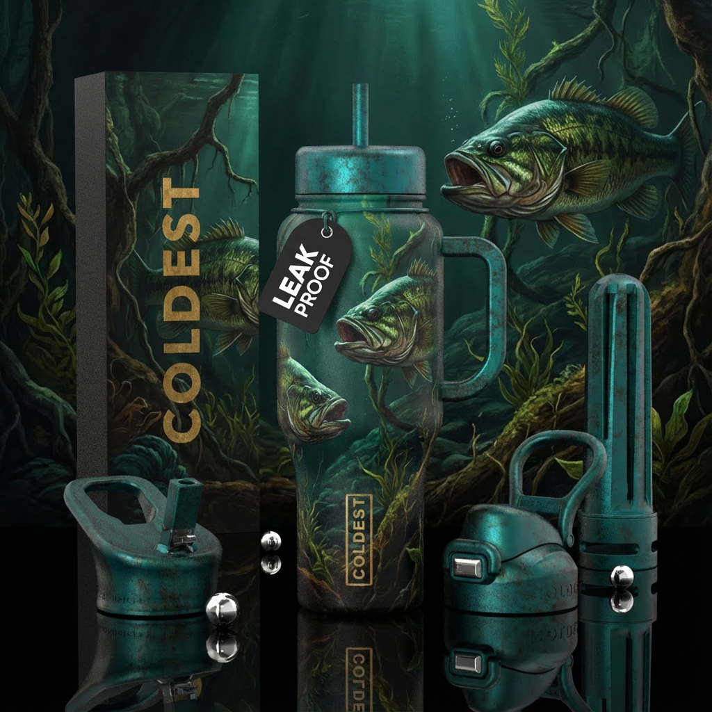 Depths of a lake, bass fish, learking,, vibrant, t... water bottle design