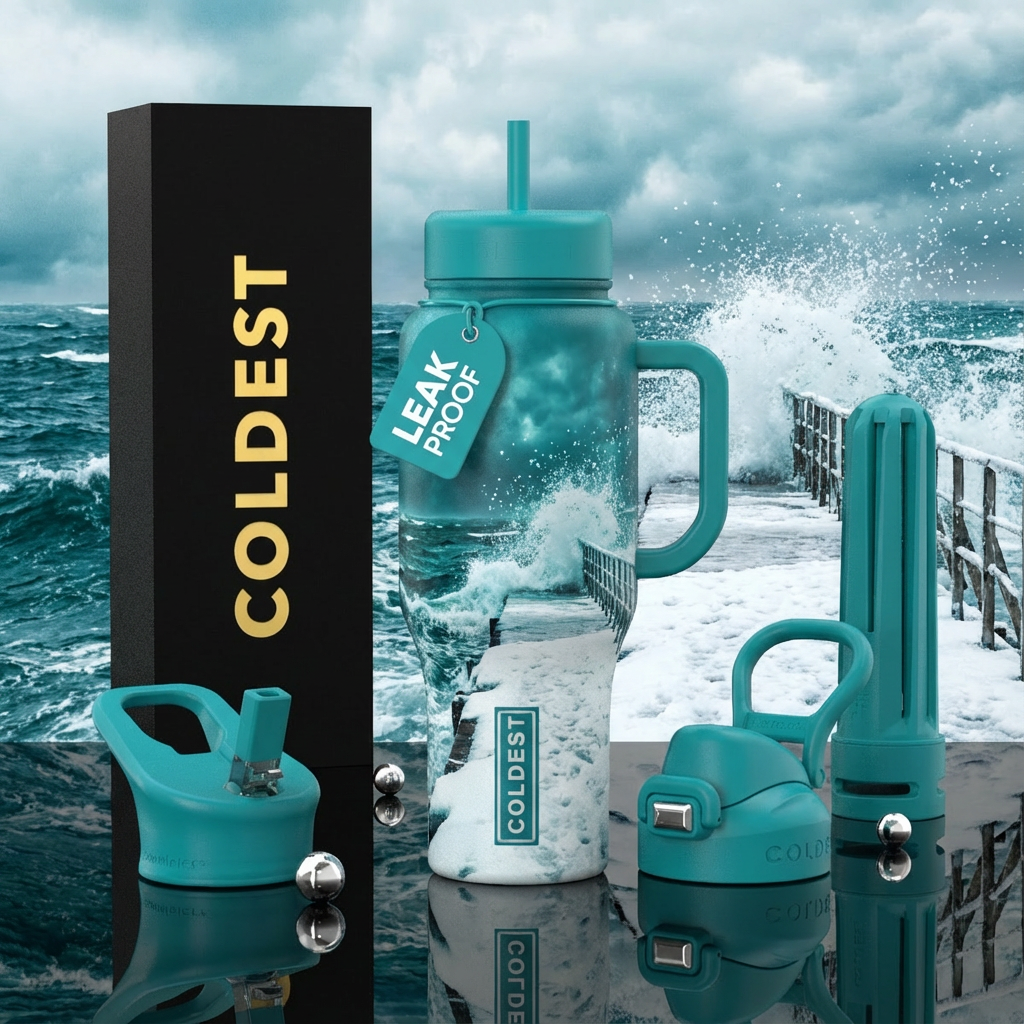 Snow, pier, ocean, angry, teal handle and accessar... water bottle design