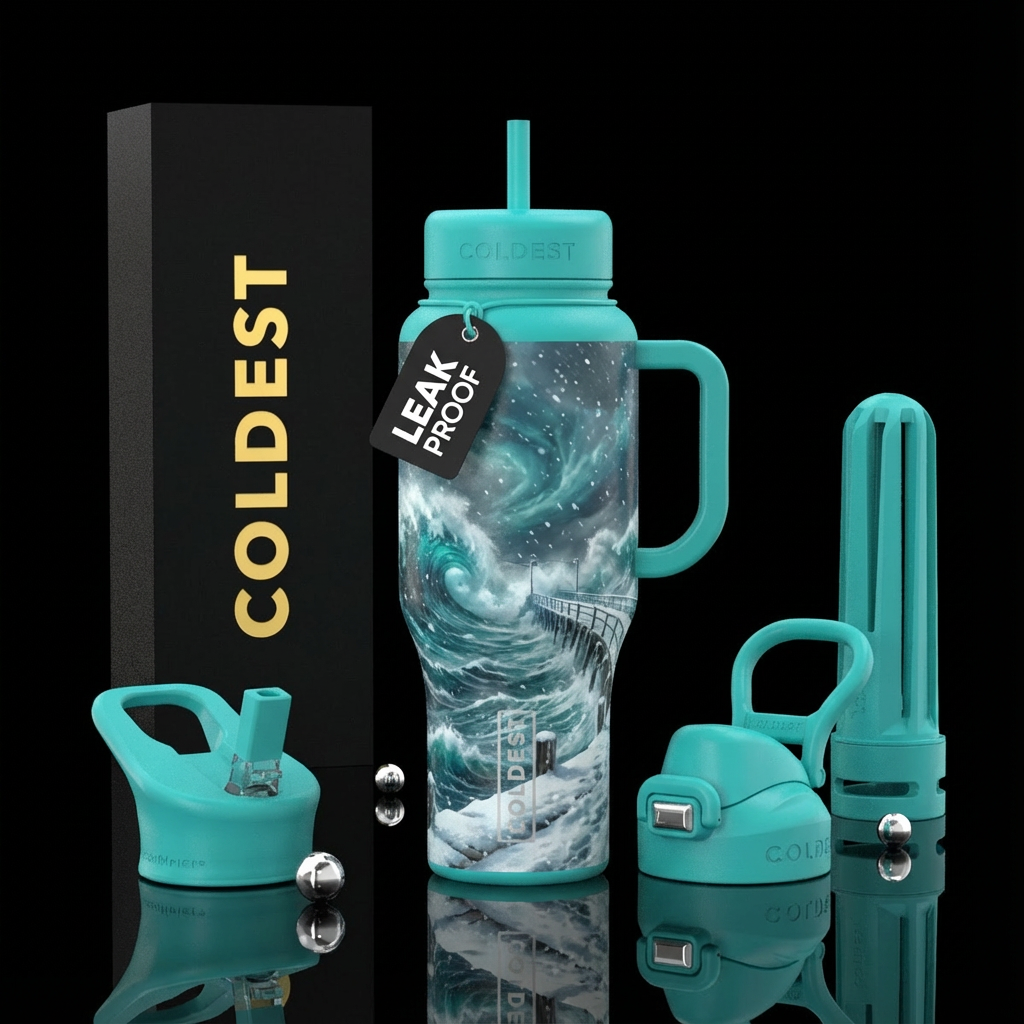 Snow, pier, ocean, angry, teal handle and accessar... water bottle design