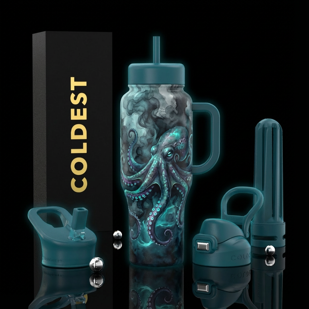 scary, realism, watercolor, darkness, smoke, octop... water bottle design