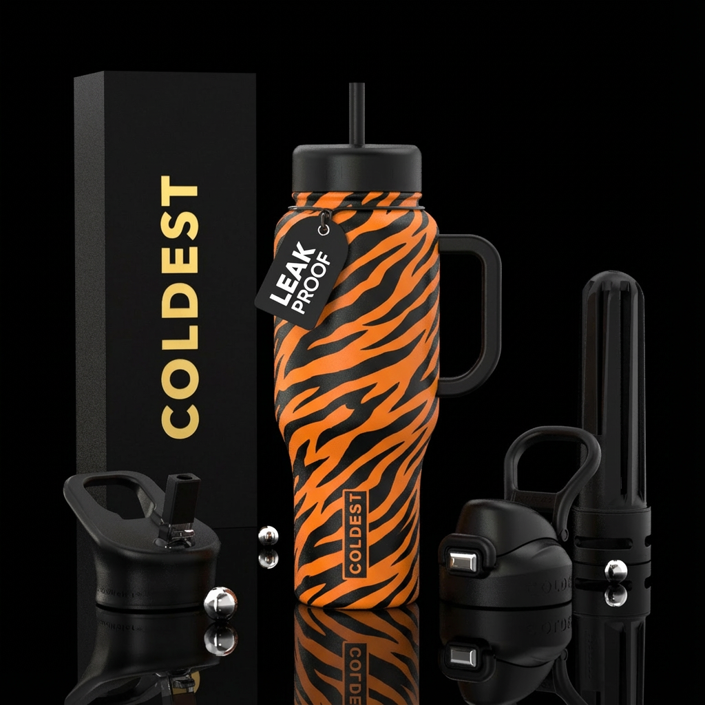 Black and orange tiger stripe with black lid and h... water bottle design