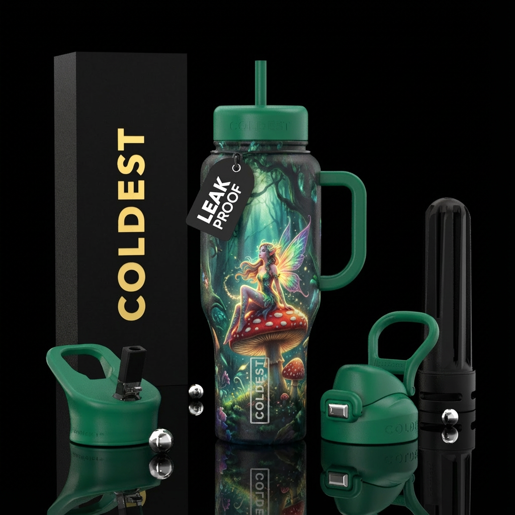 Dark forest background. There is a magical fairy s... water bottle design