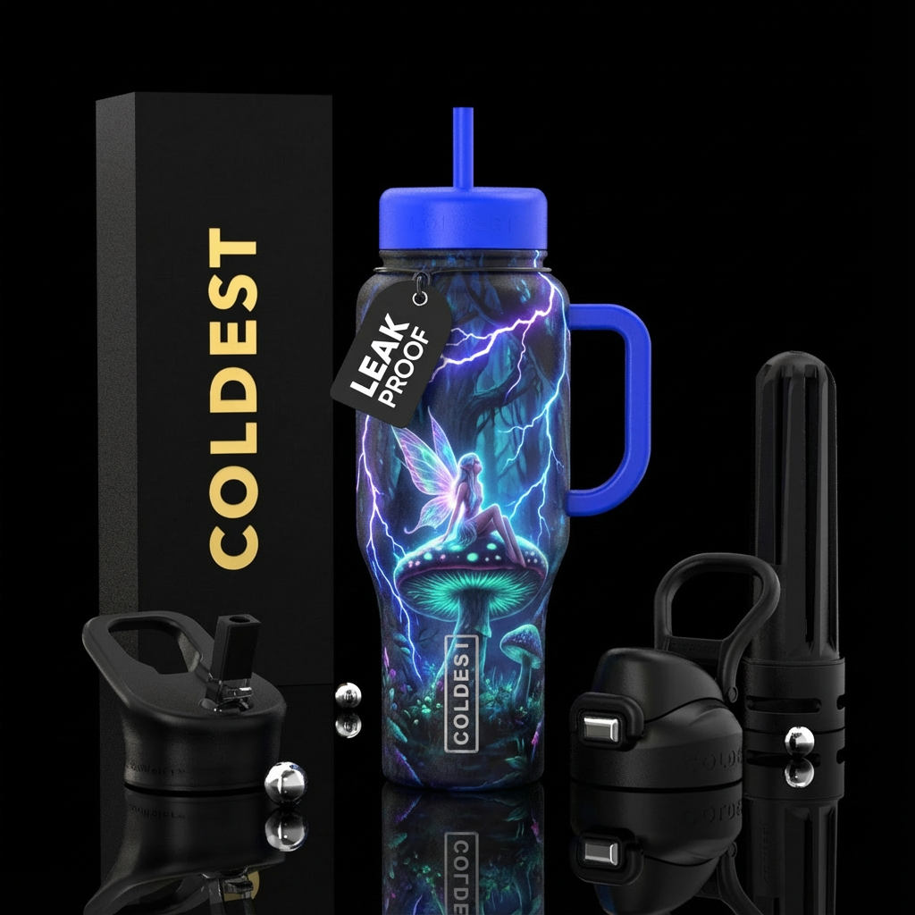 Dark forest background. There is a magical fairy s... water bottle design