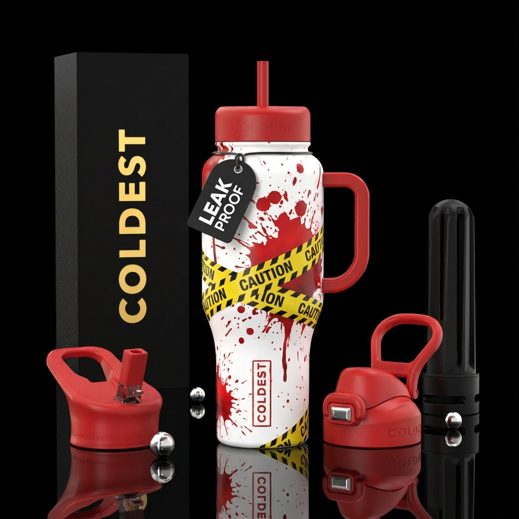 White background with blood spatter and caution ta... water bottle design