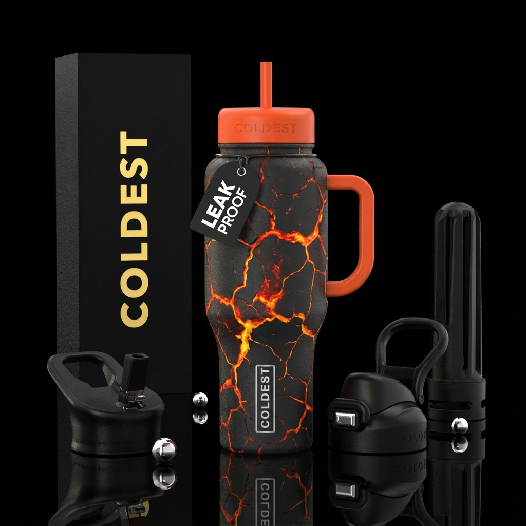 Black background with cracks where you can see lav... water bottle design