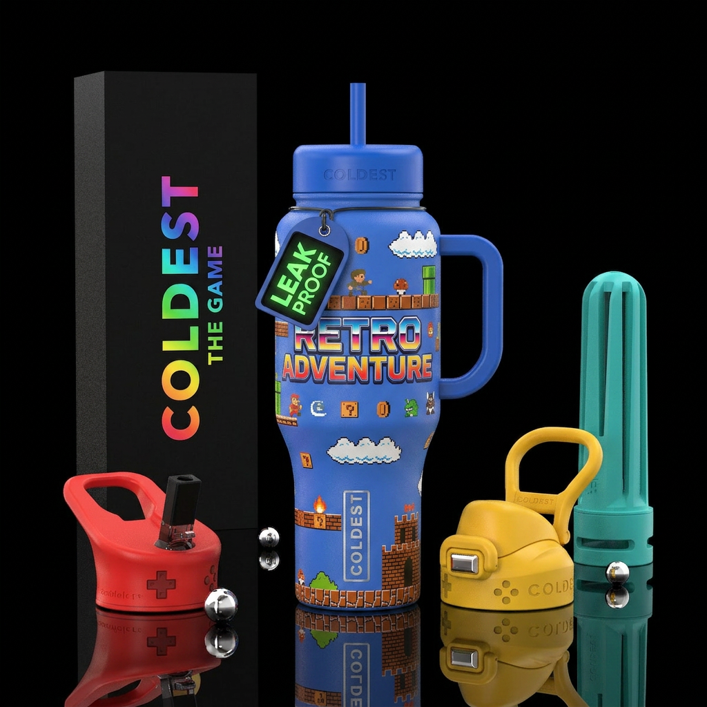 Retro video game water bottle design