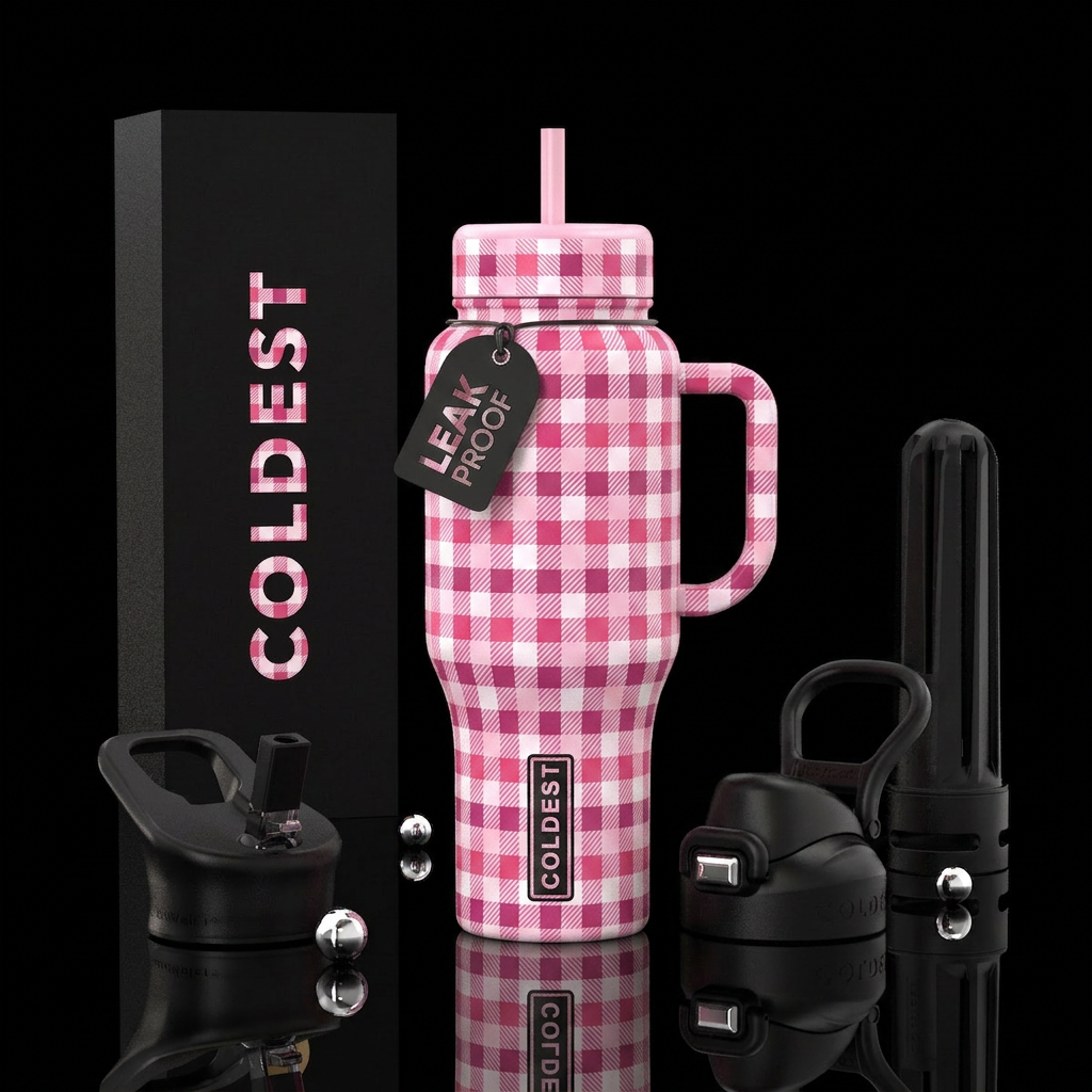 Light pink, dark pink, and white gingham water bottle design