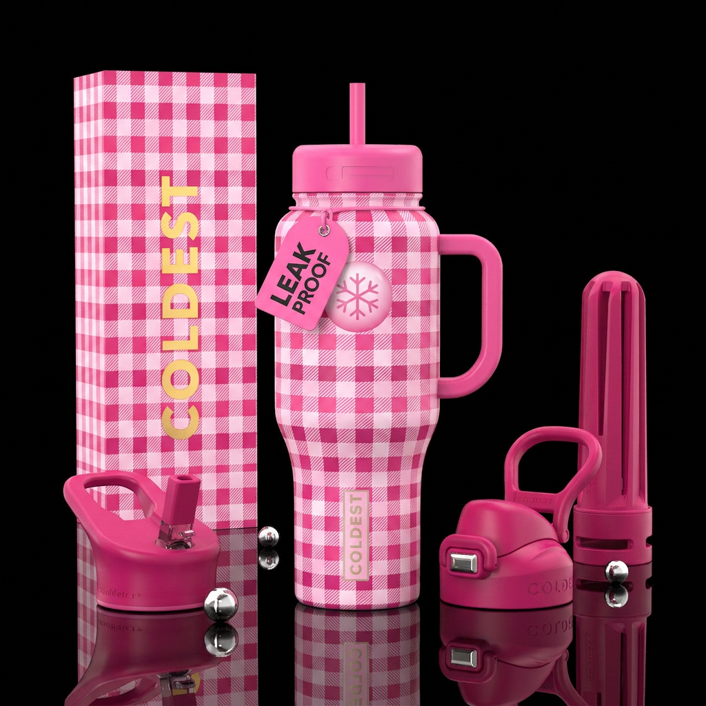 Light pink, dark pink, and white gingham water bottle design