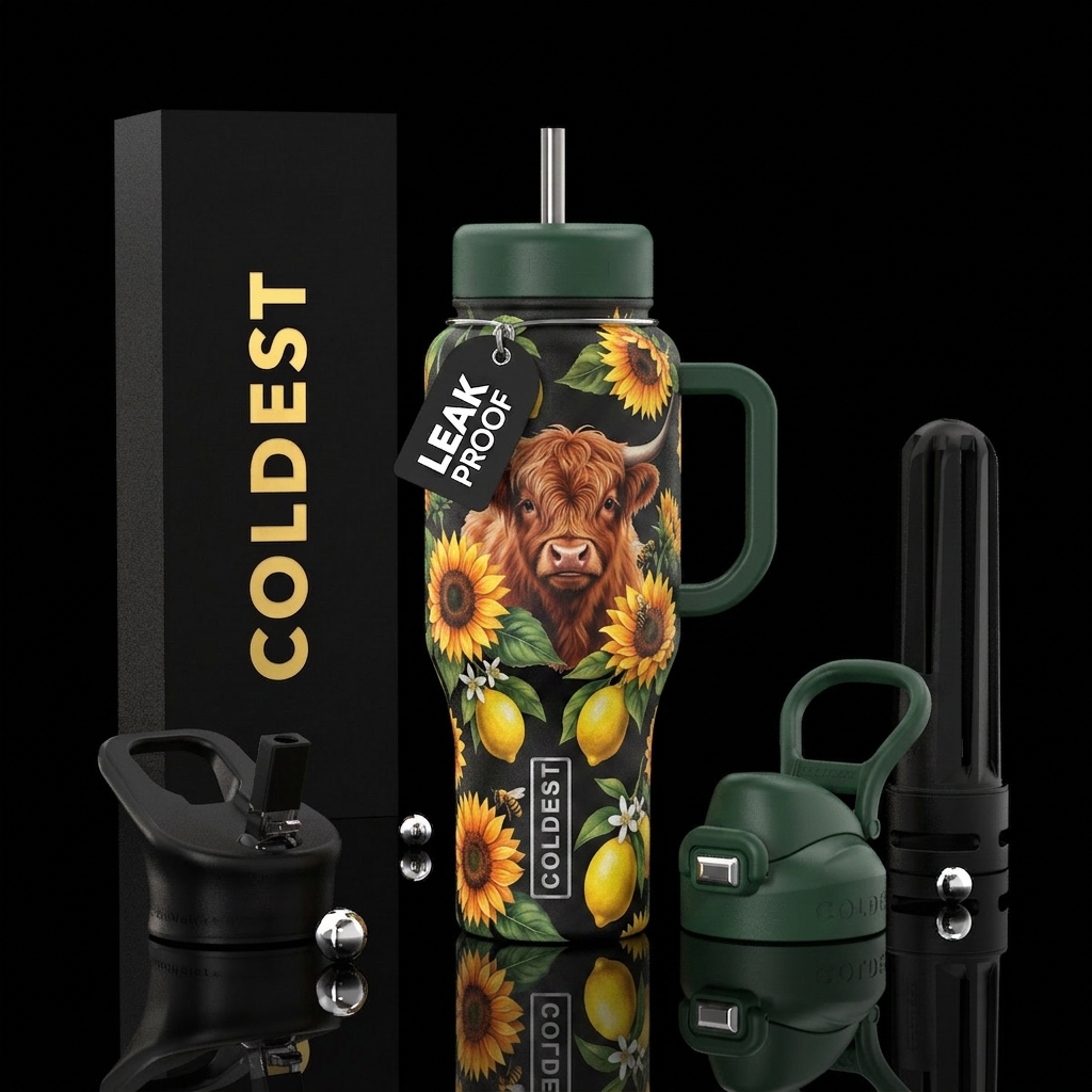 Baby Highland Cow, sunflowers, and lemons water bottle design