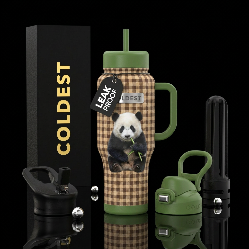 Brown and Tan gingham with a panda bear holding a ... water bottle design