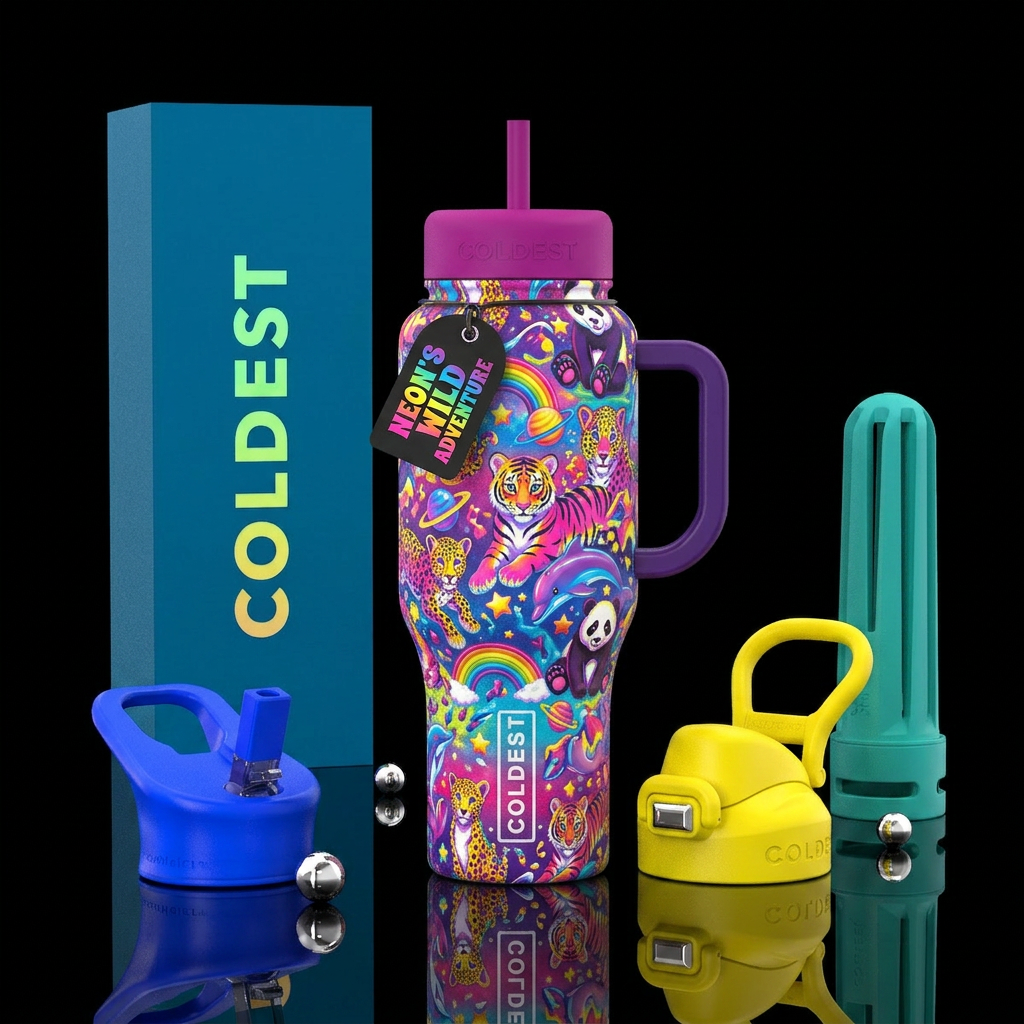 Lisa frank all the animals neon water bottle design
