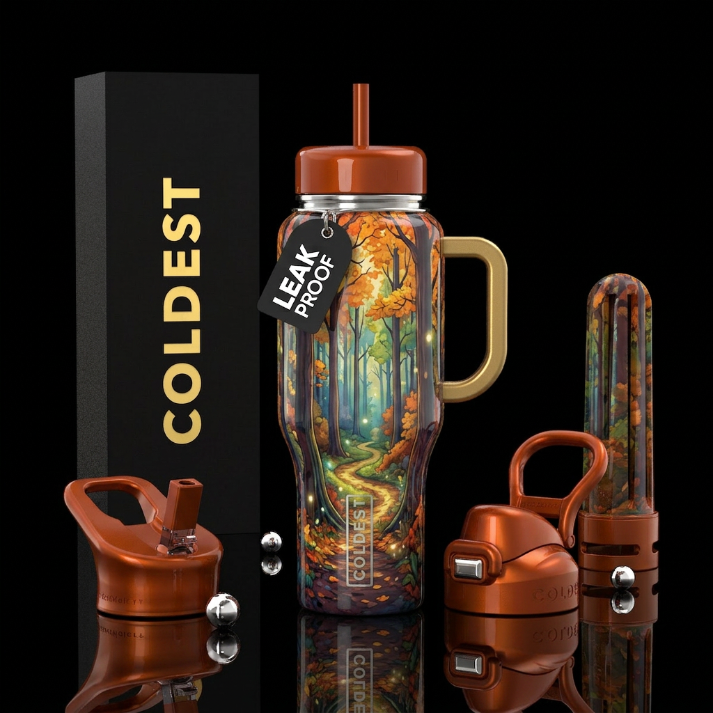 An autumn path water bottle design