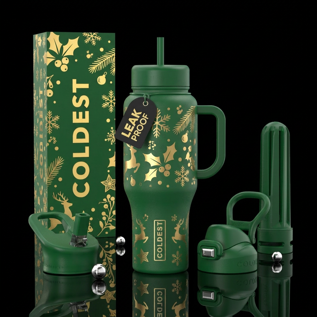 christmas themed bottle white and green water bottle design