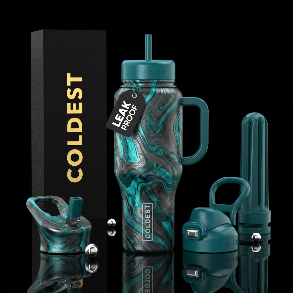 Black bottle base with marbled teal or turquoise a... water bottle design