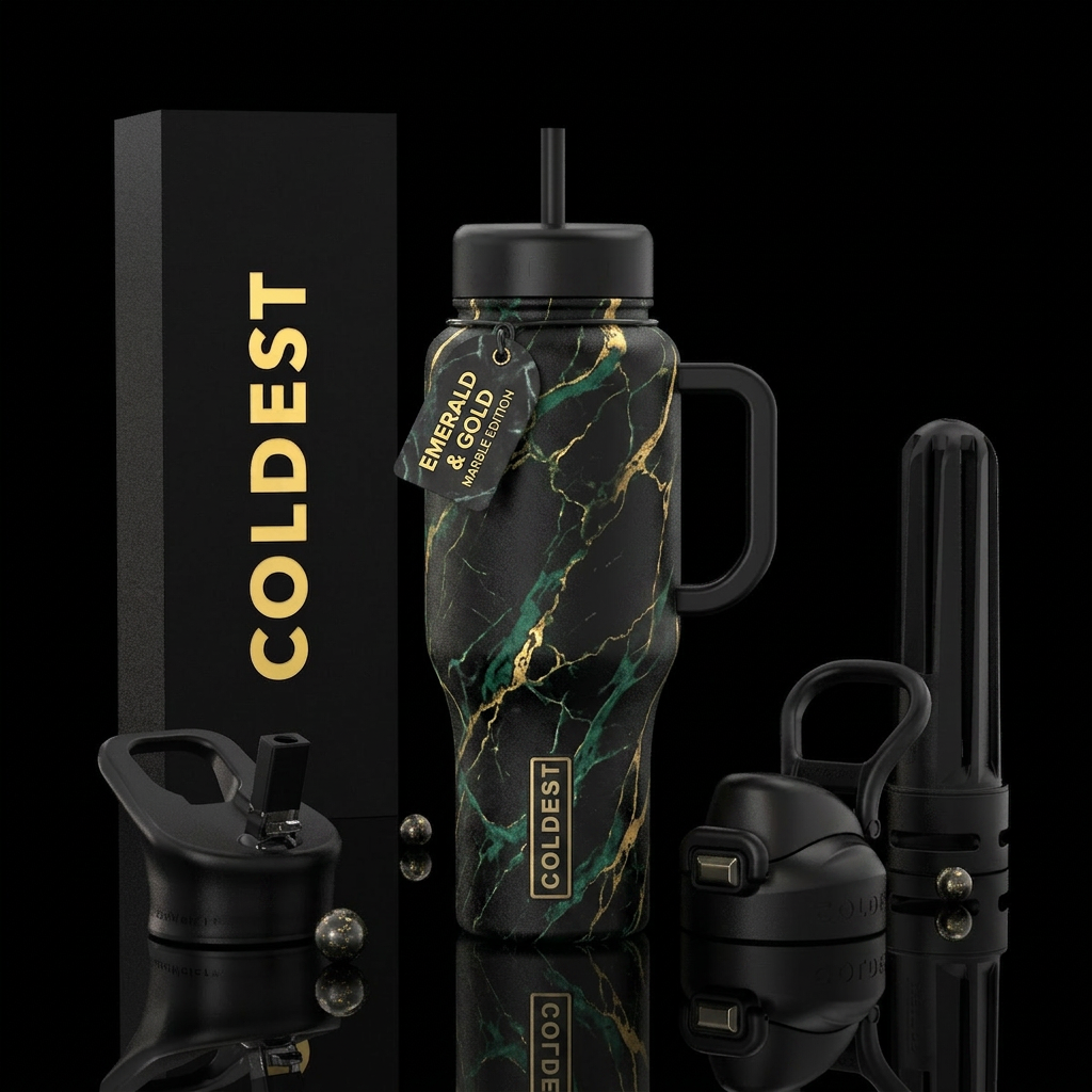 emorald and gold marble vein on a black bottle water bottle design