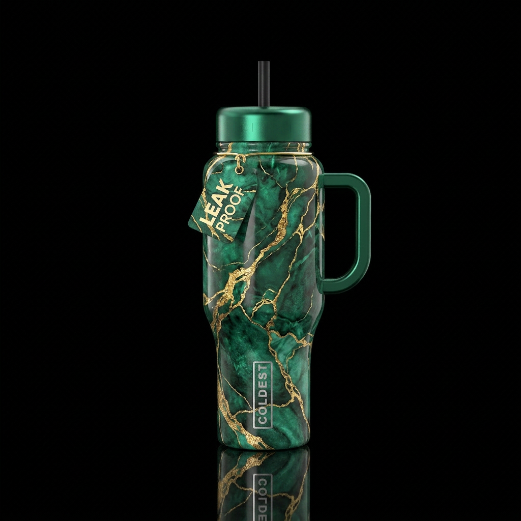 emorald and gold marble vein on a black bottle water bottle design