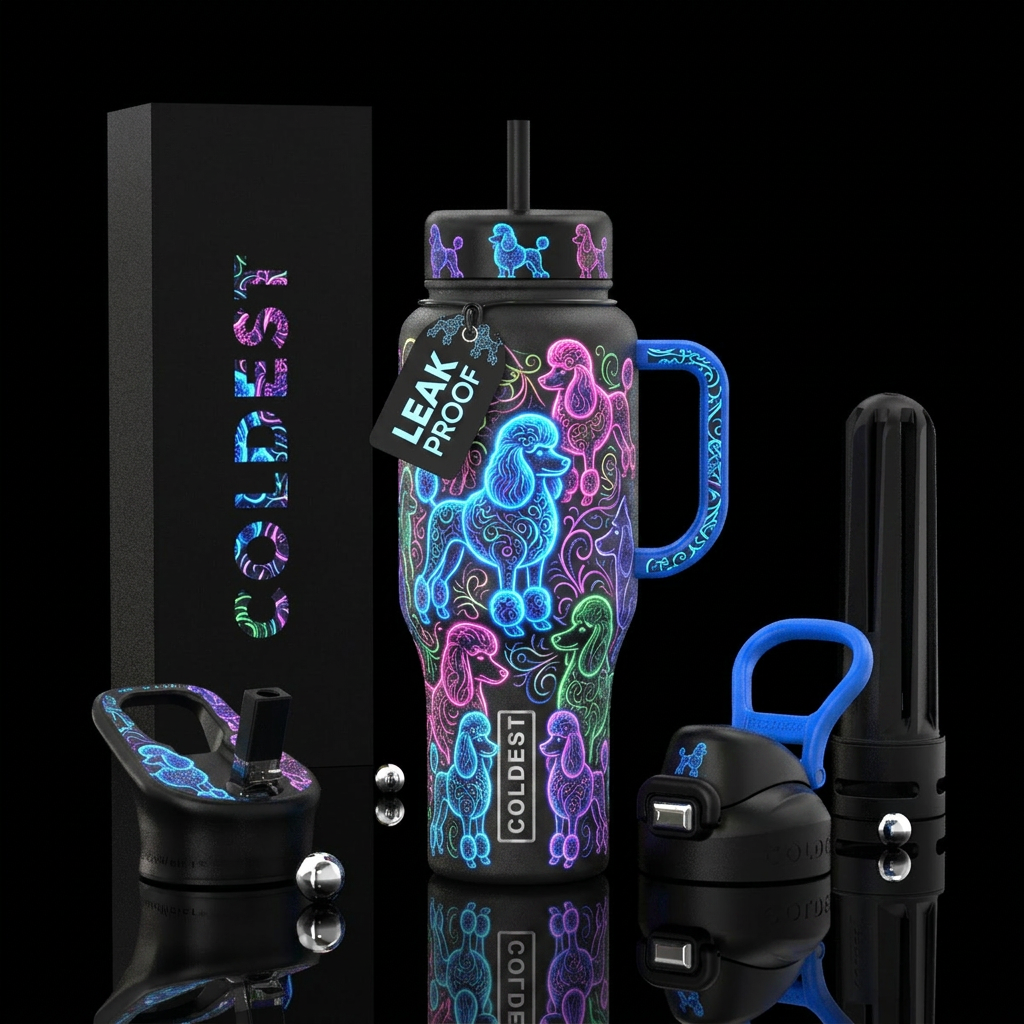 Glowie poodles water bottle design