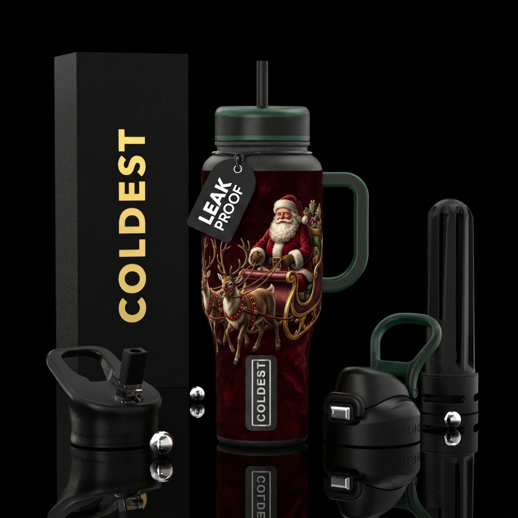 Realistic Santa with reindeer pulling sled water bottle design