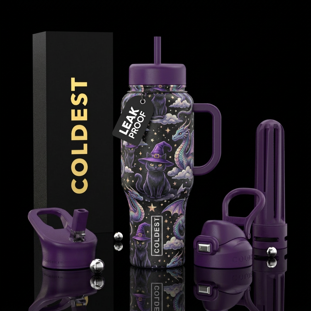 Black cat wearing purple witches hats, iridescent ... water bottle design