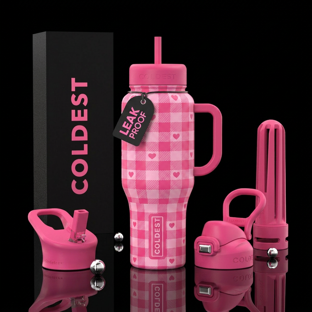 pink gingham with hearts water bottle design