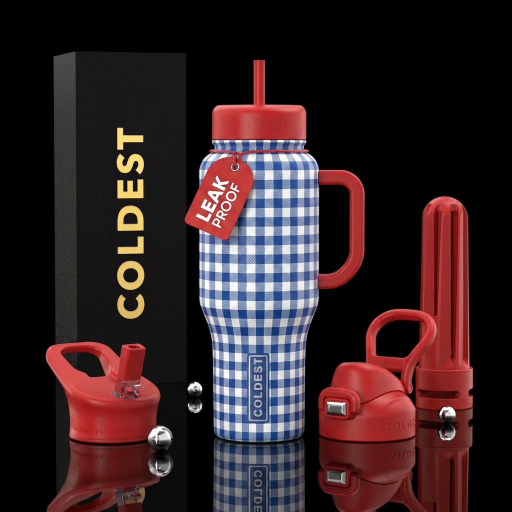 blue gingham with red handle and lid water bottle design