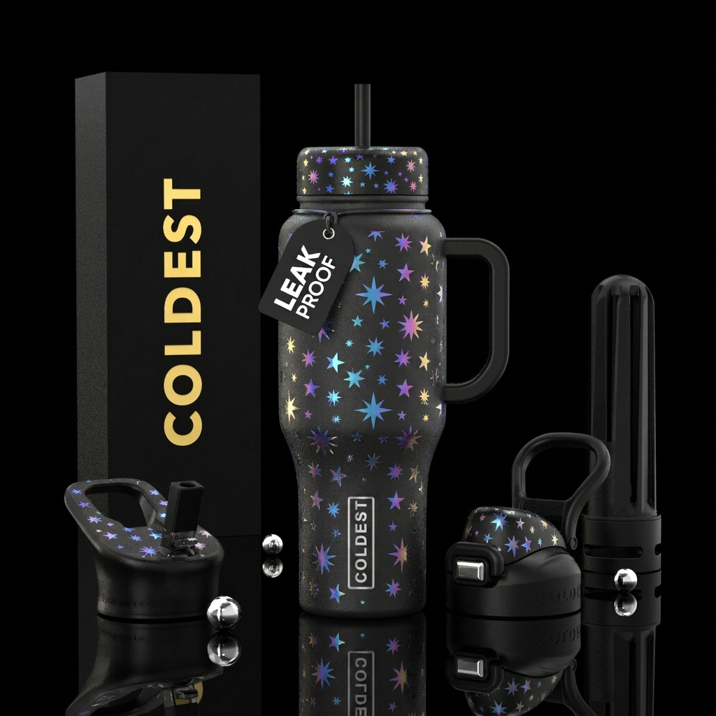 iridescent stars of varying sizes and styles water bottle design