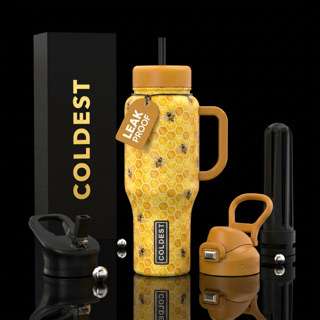 honeycomb in yellow with some cute bees water bottle design