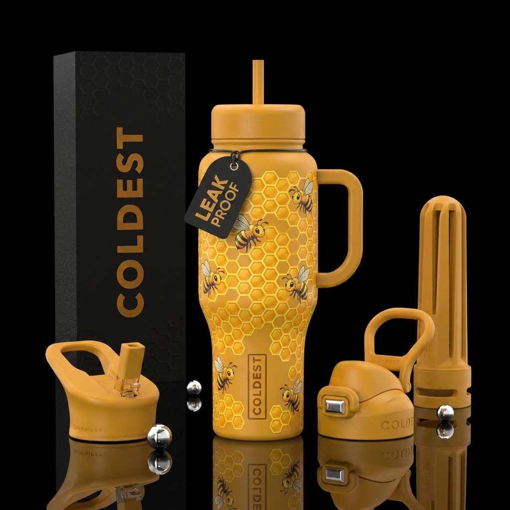 honeycomb in yellow with some cute bees water bottle design
