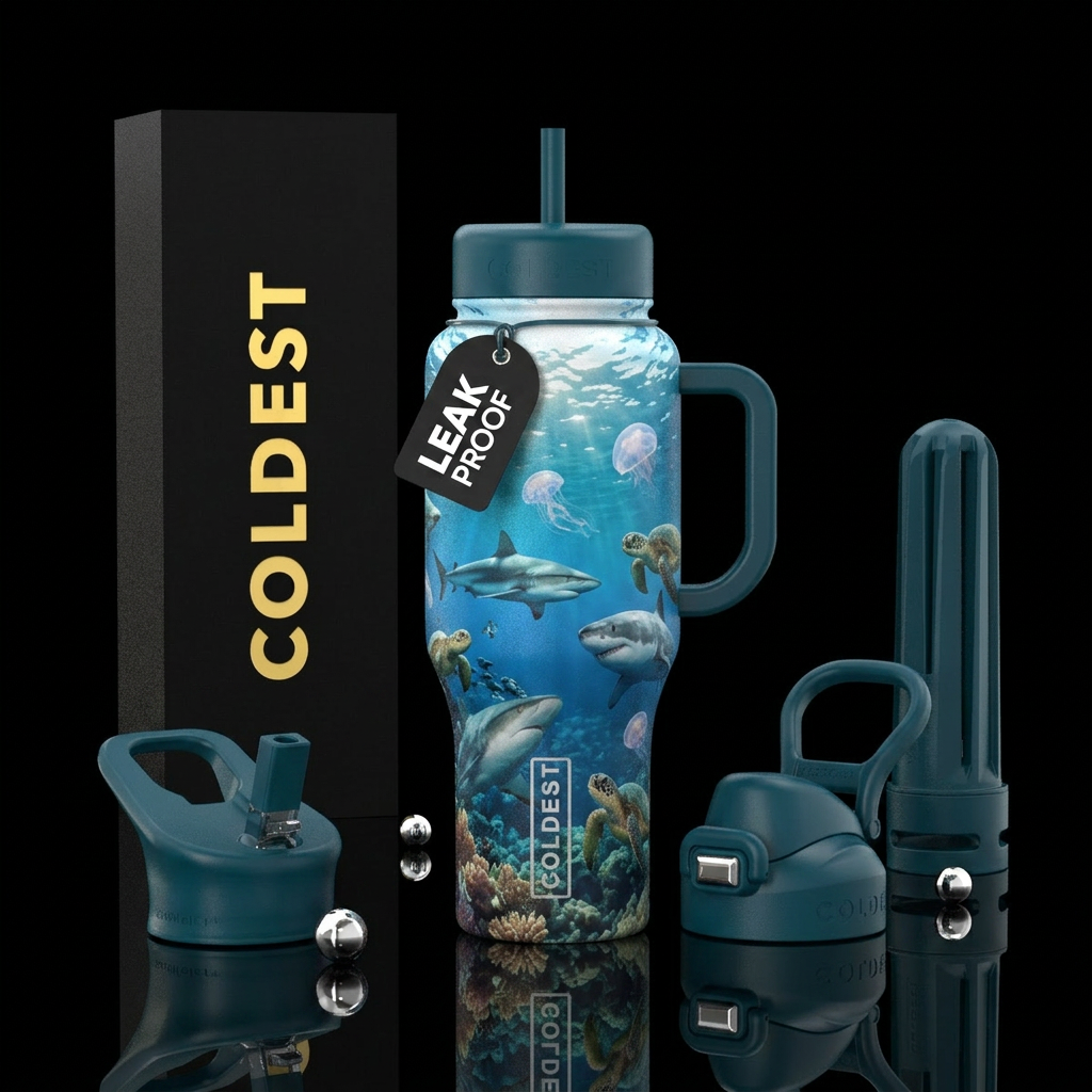 under the ocean view with sharks, jellyfish and tu... water bottle design