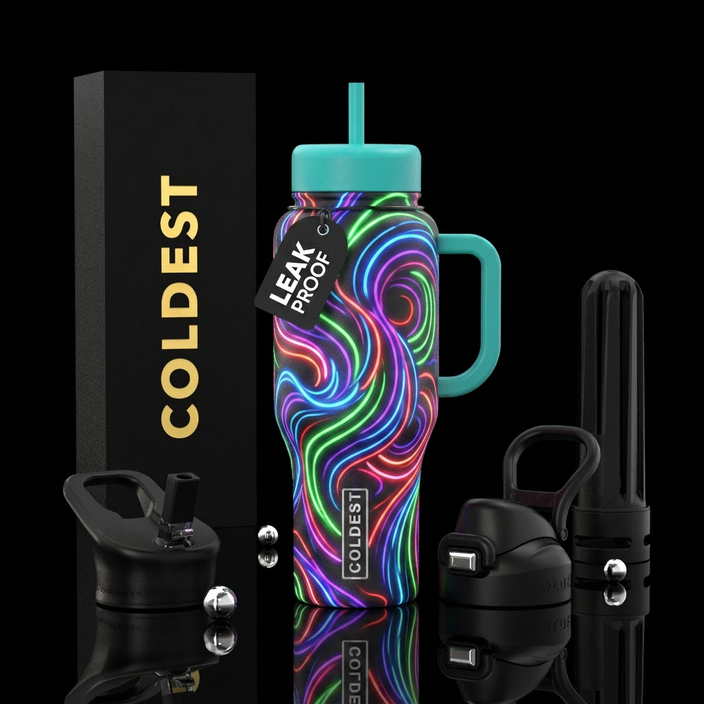 neon swirls water bottle design