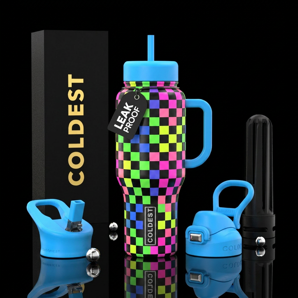 neon checkers water bottle design