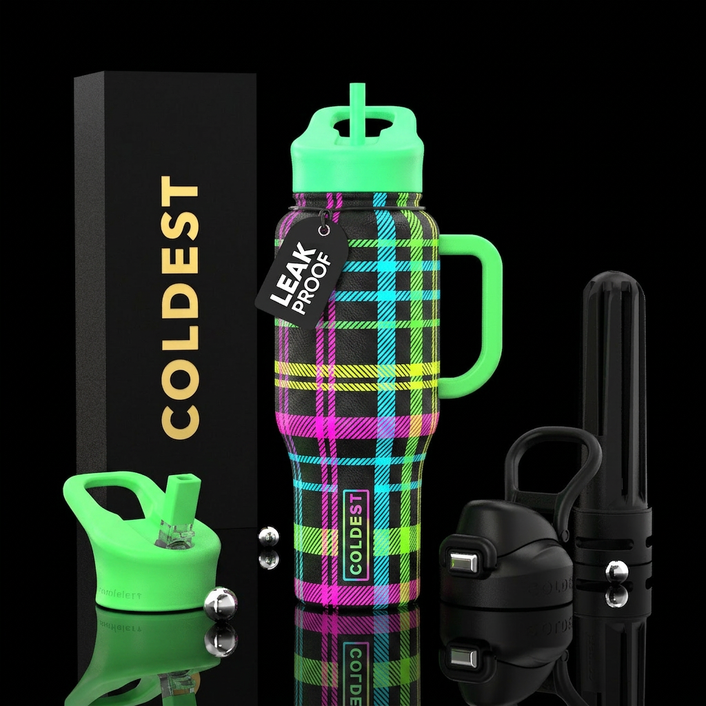neon plaid design water bottle design