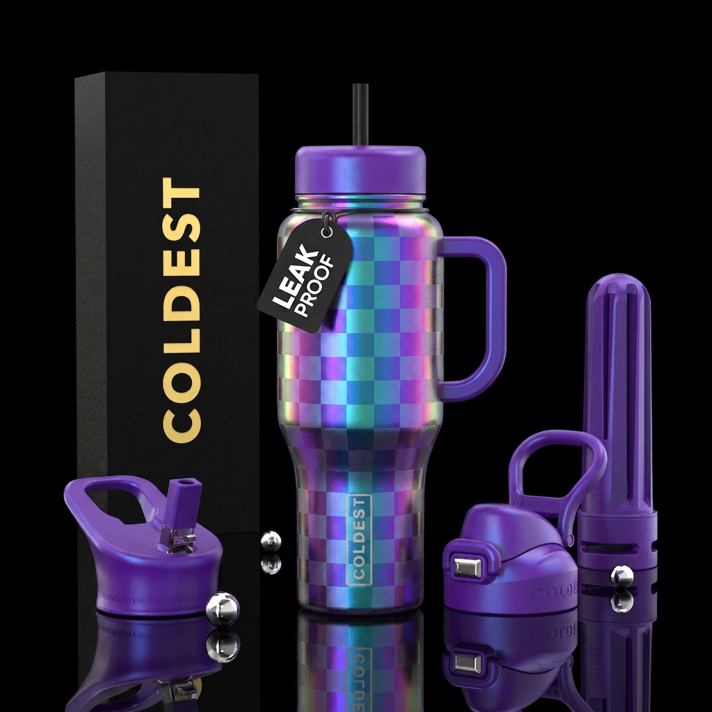irridescent checkered water bottle design