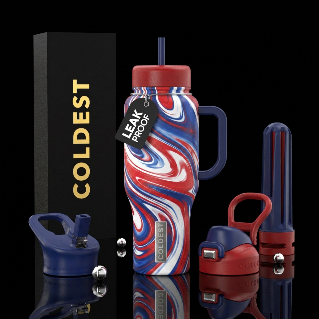 red, white and blue swirl water bottle design