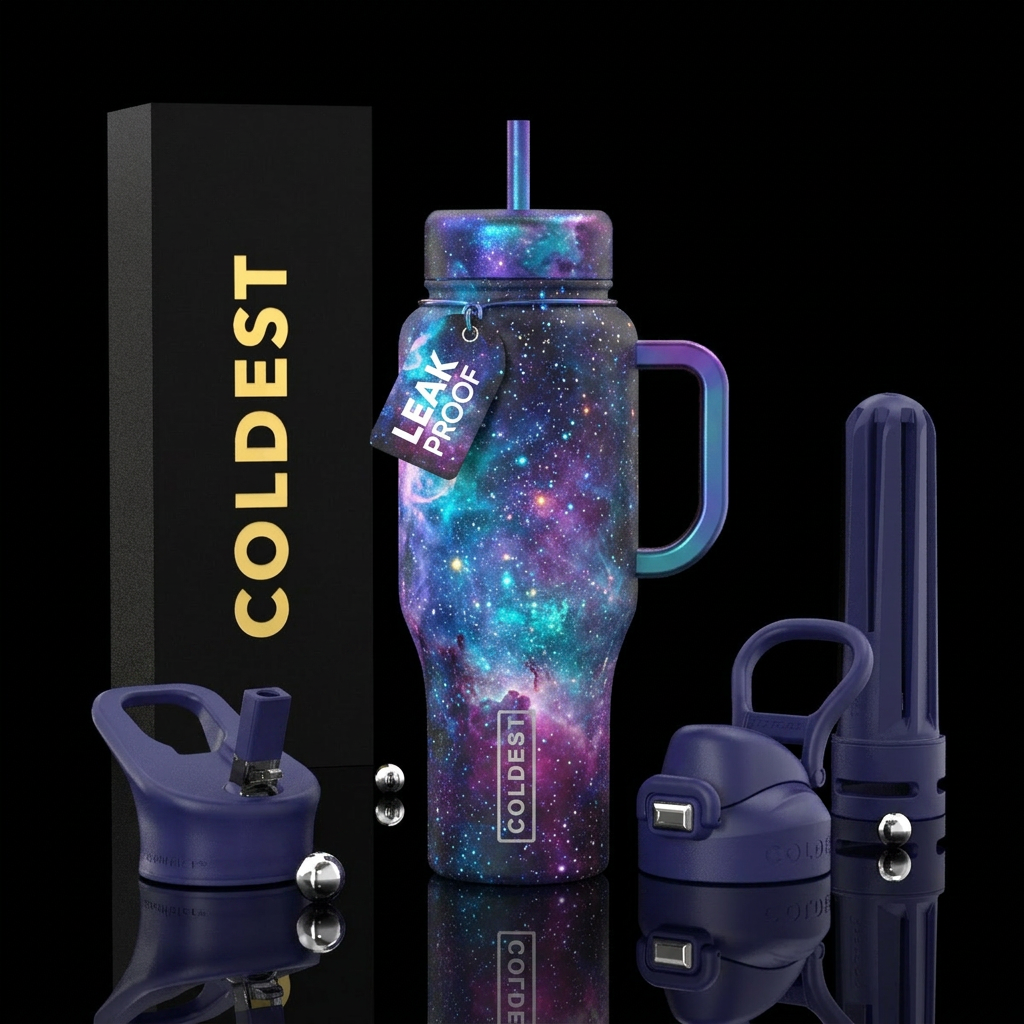 iridescent small stars and galaxy water bottle design