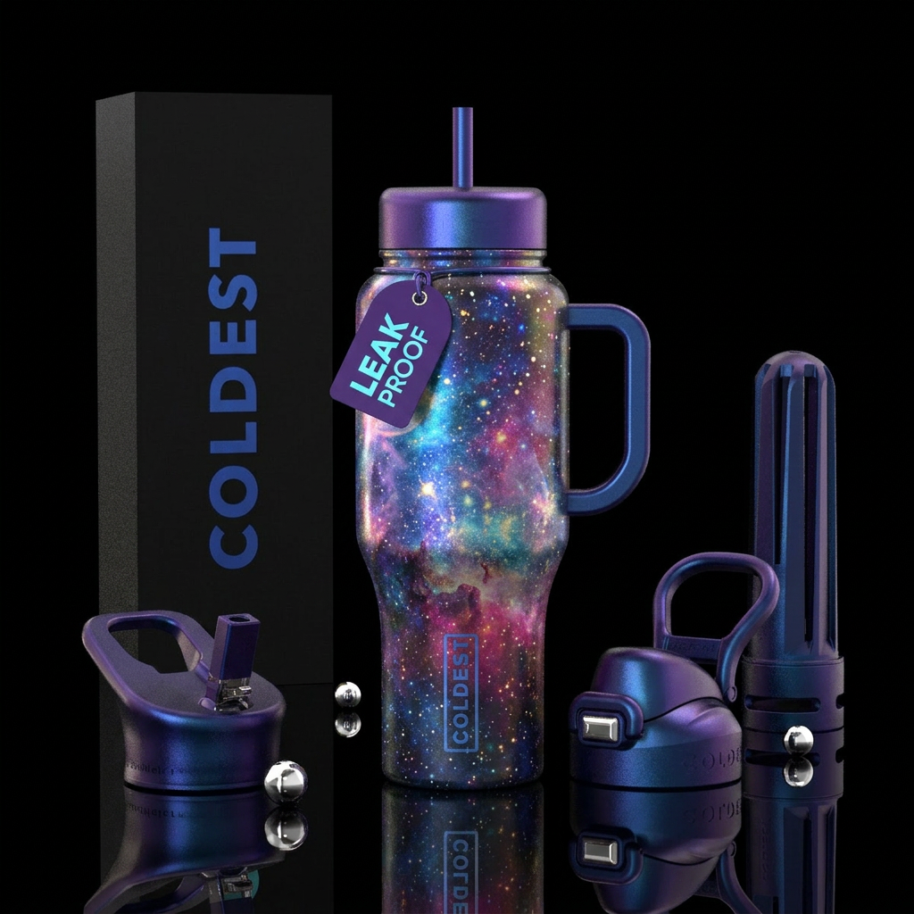 iridescent small stars and galaxy water bottle design