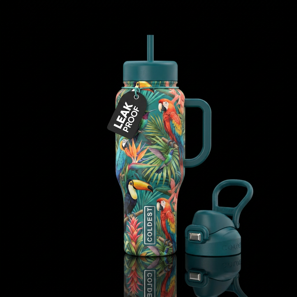 tropical birds water bottle design