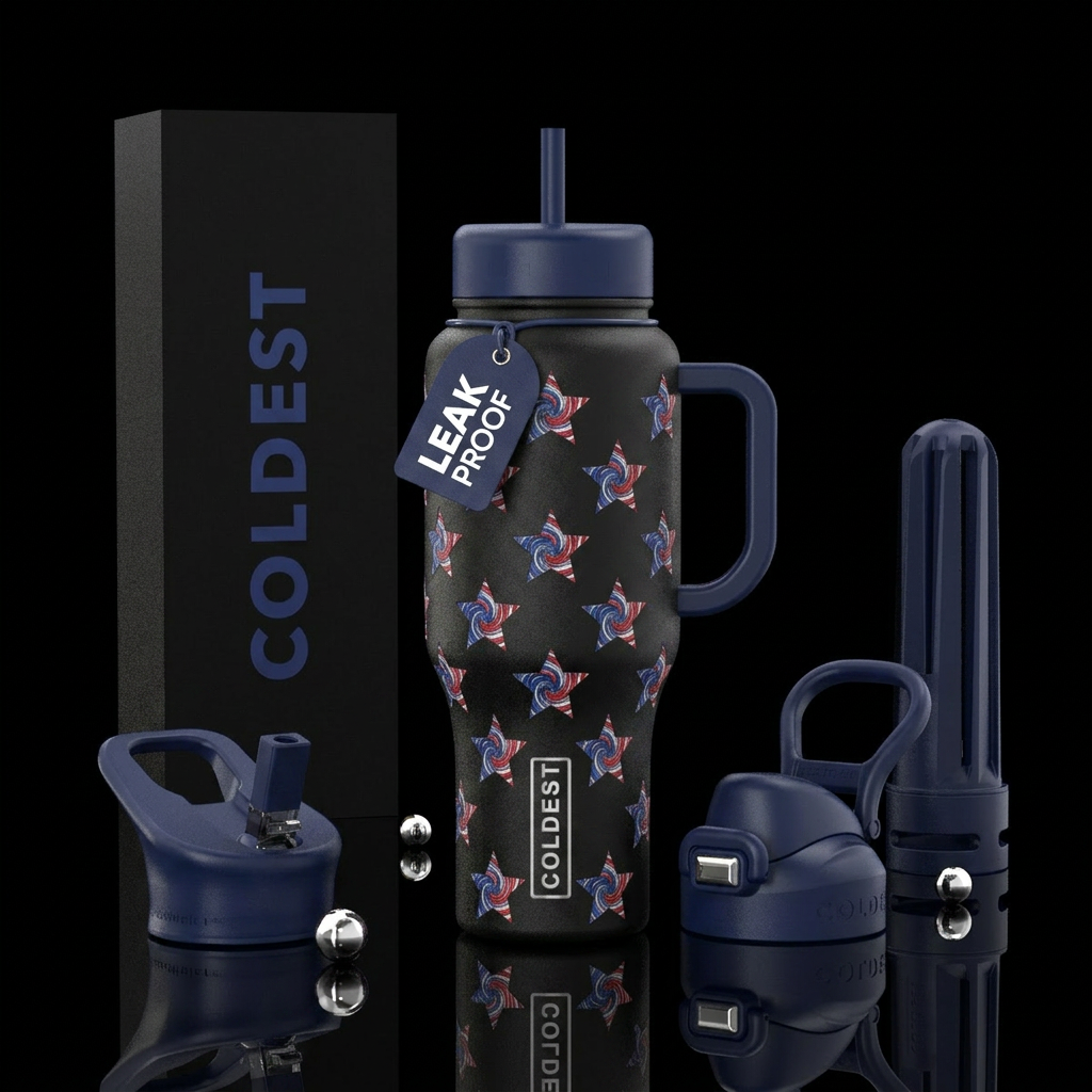 star with red, white and blue swirl inside each st... water bottle design