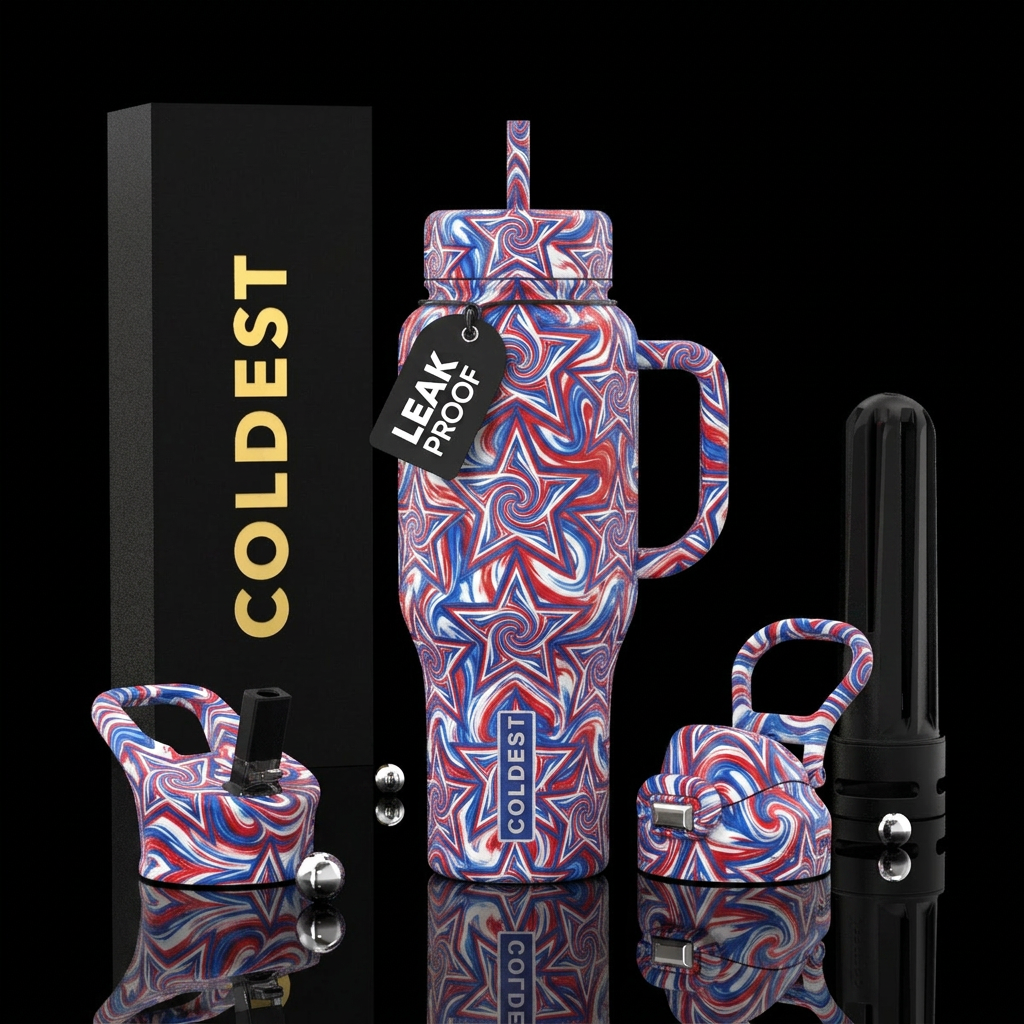 star with red, white and blue swirl inside each st... water bottle design