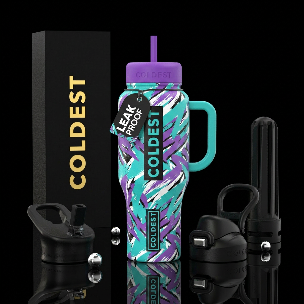 90s-style teal and purple "jazz cup" pattern water bottle design