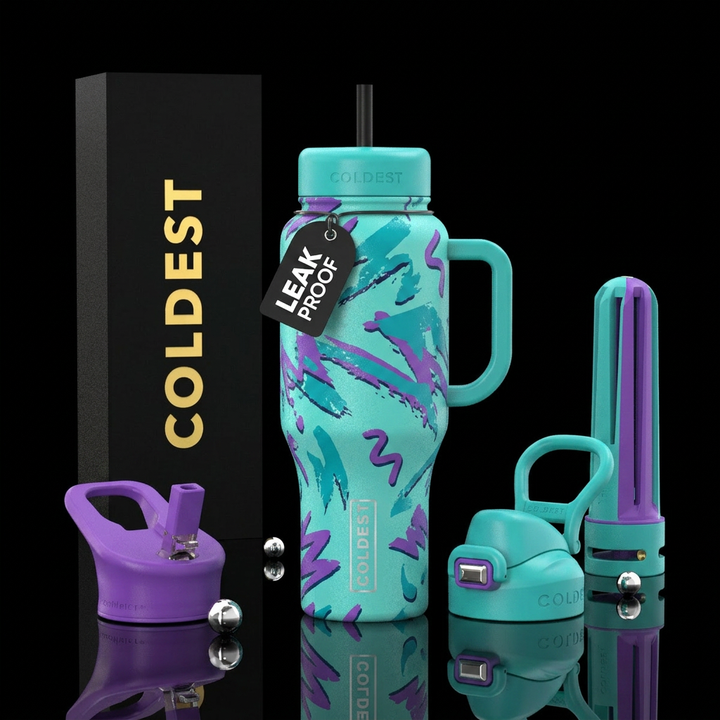 90s-style teal and purple "jazz cup" pattern water bottle design